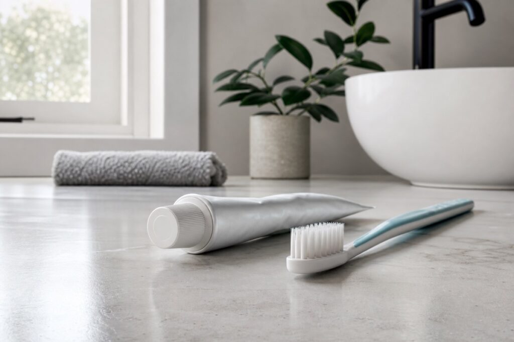 Toothpaste and a soft-bristle toothbrush on a bathroom counter