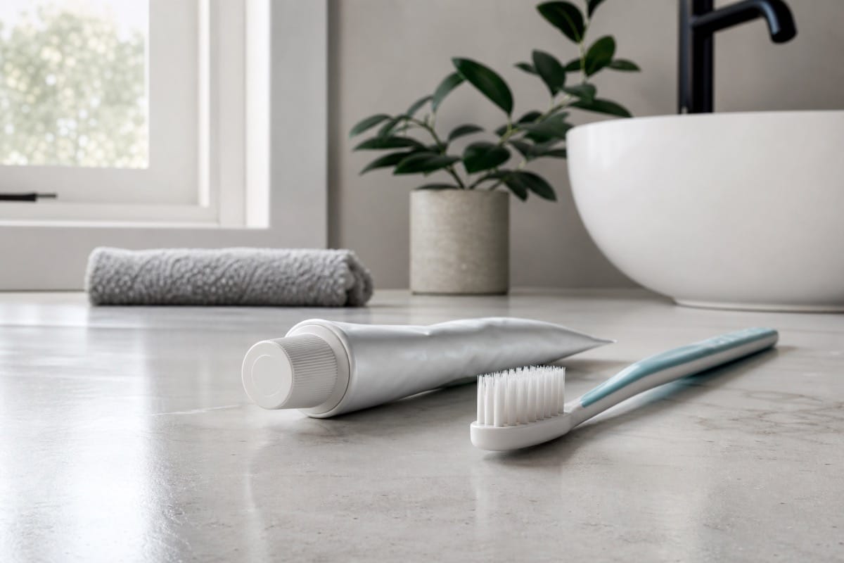 Toothpaste and a soft-bristle toothbrush on a bathroom counter