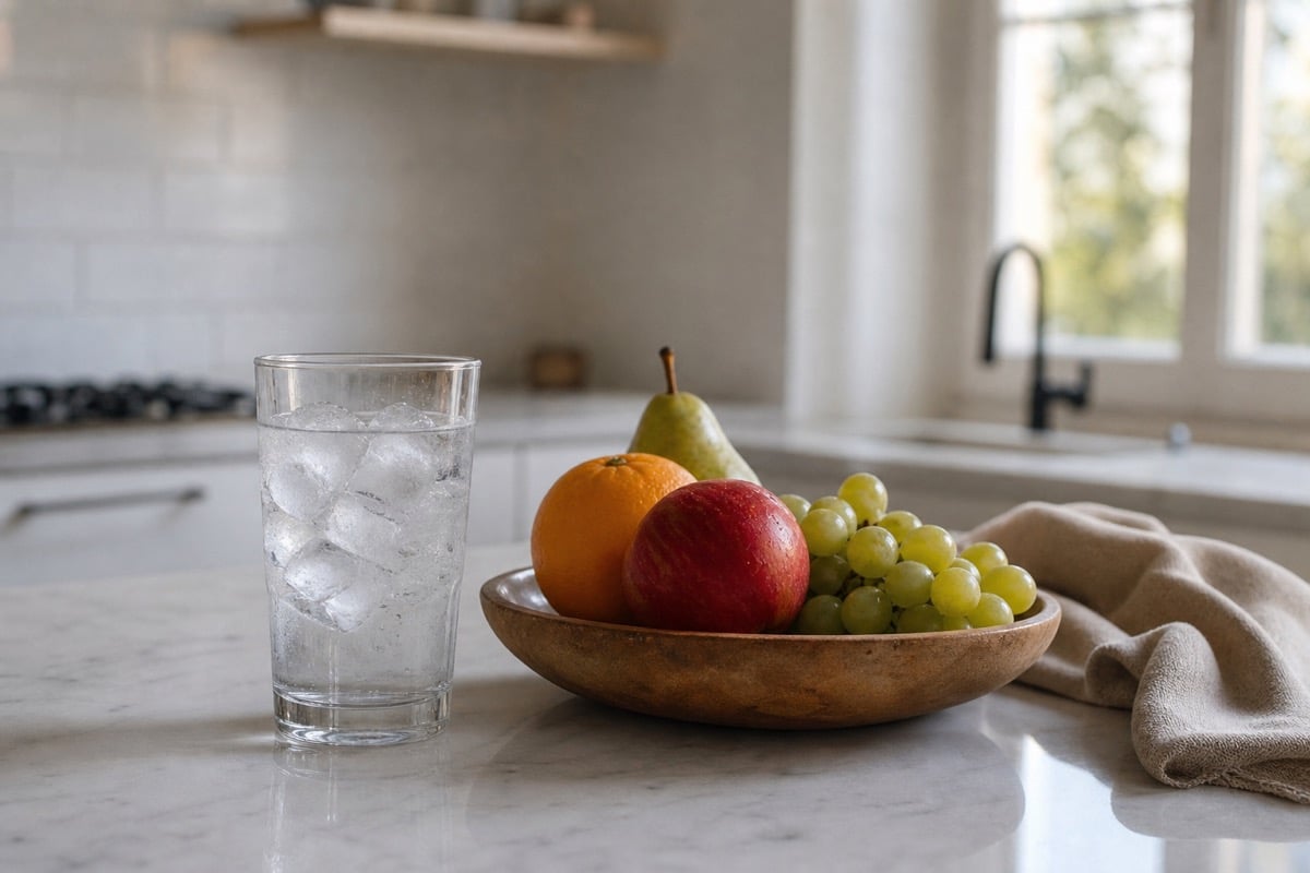 Glass of ice water beside fresh fruit