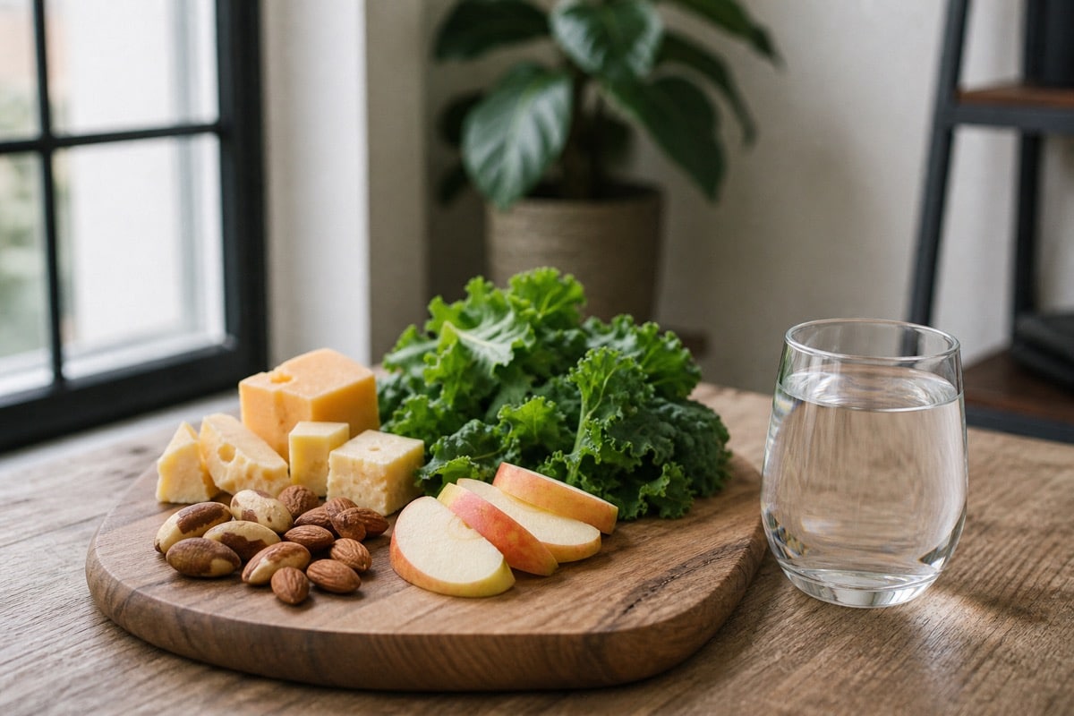 Board of tooth-friendly foods with cheese, greens, apples and nuts