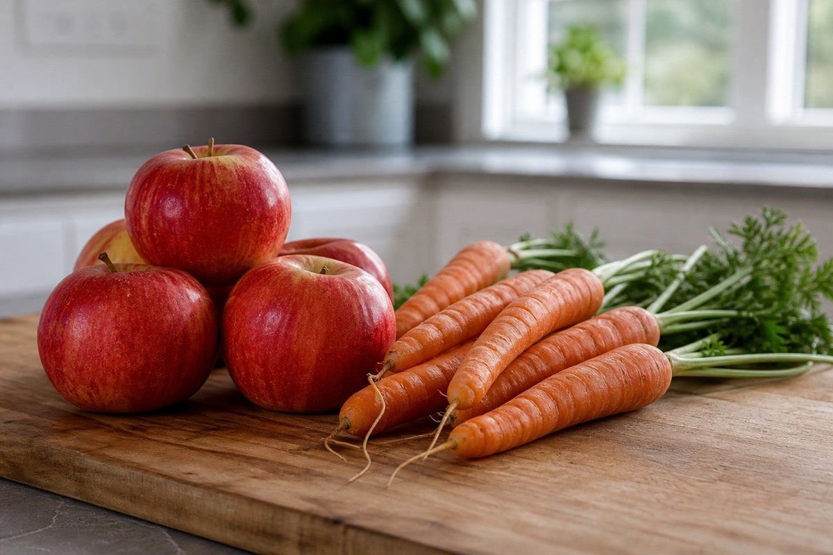 Crisp apples and carrots on a cutting board
