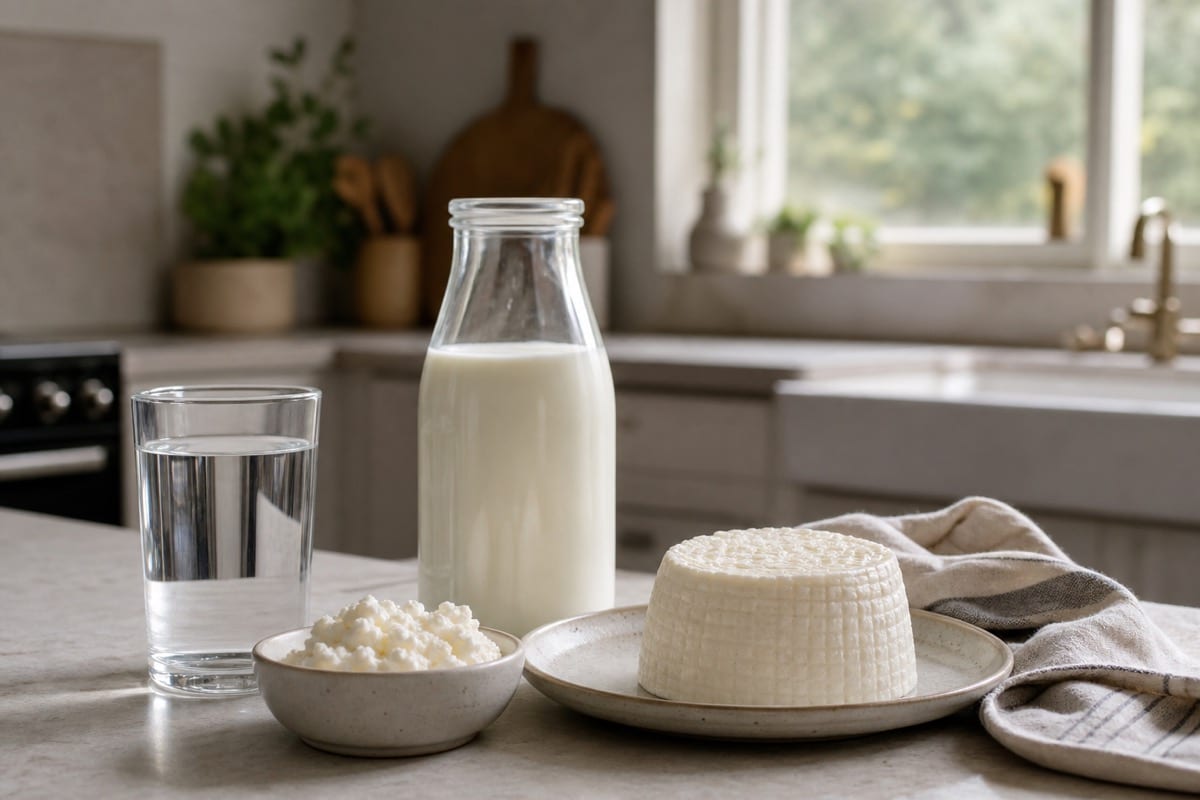 Glass of water beside dairy products on a kitchen counter