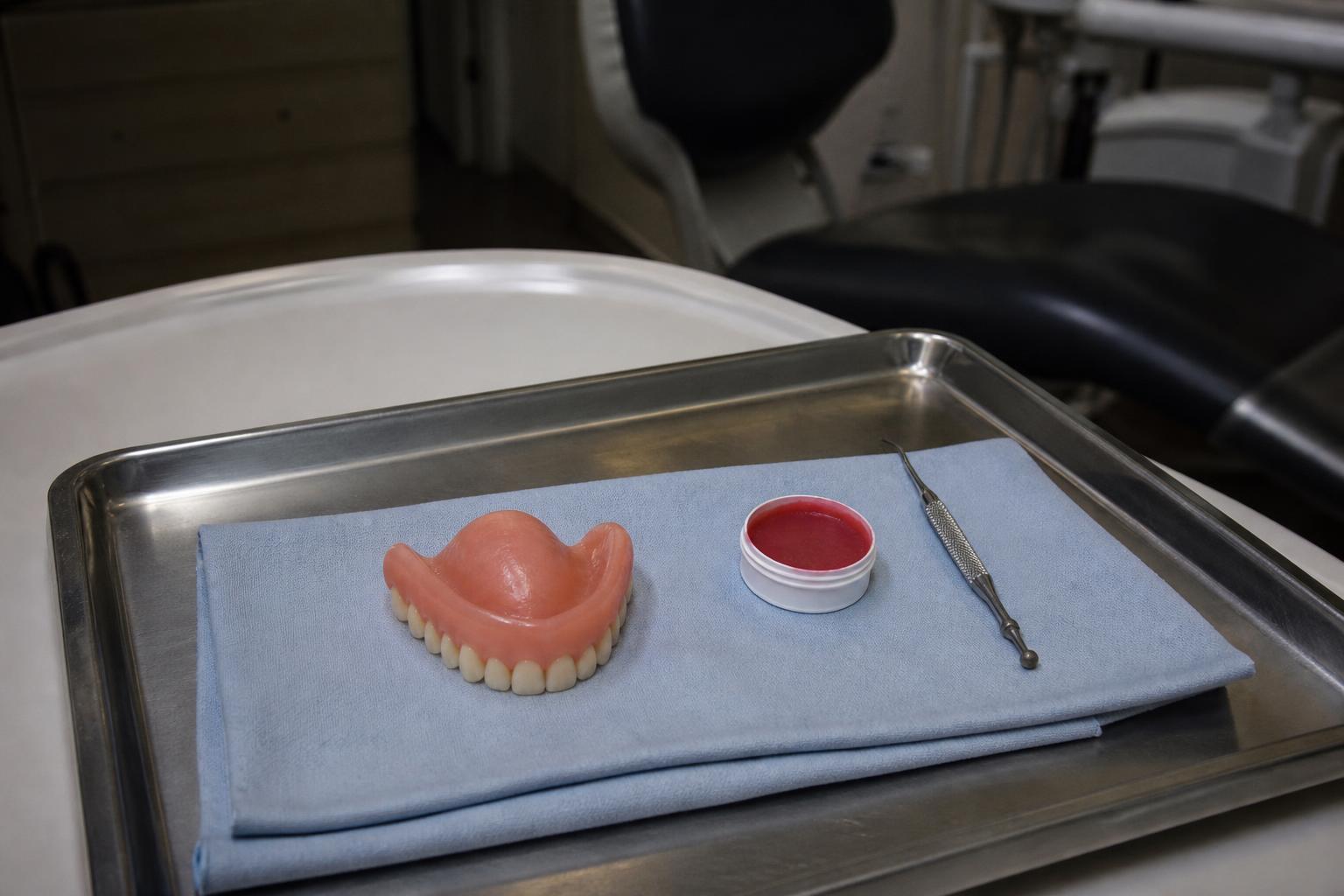 Dental operatory chair and instrument tray prepared for a denture follow-up adjustment visit