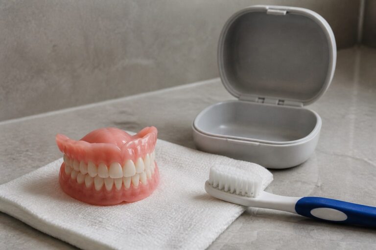 Complete denture set resting on a countertop beside a denture brush and case