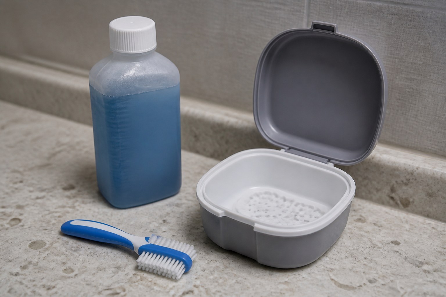 Denture brush and mild soap beside a soaking case on a bathroom countertop