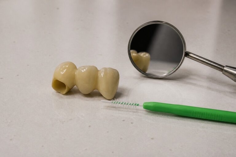Dental bridge model on a countertop beside a mirror and interdental brush