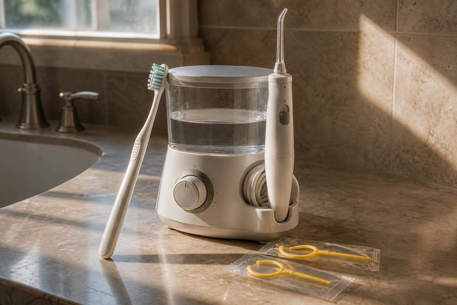 Water flosser for dental bridge care on a bathroom countertop