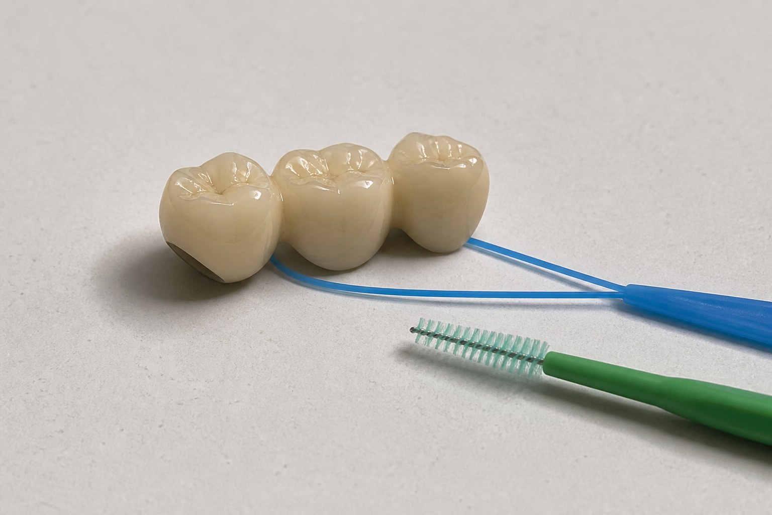 Floss threader and interdental brush positioned near a dental bridge model