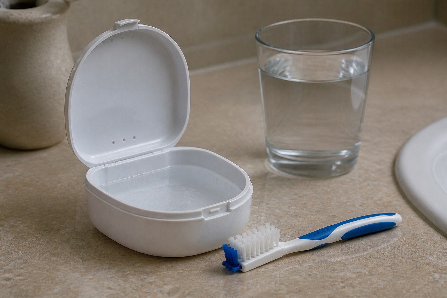 Denture-cleaning soak case and soft denture brush on a bathroom countertop