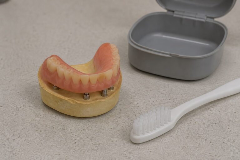 Implant-supported denture model beside a soft-bristled brush and denture-cleaning case