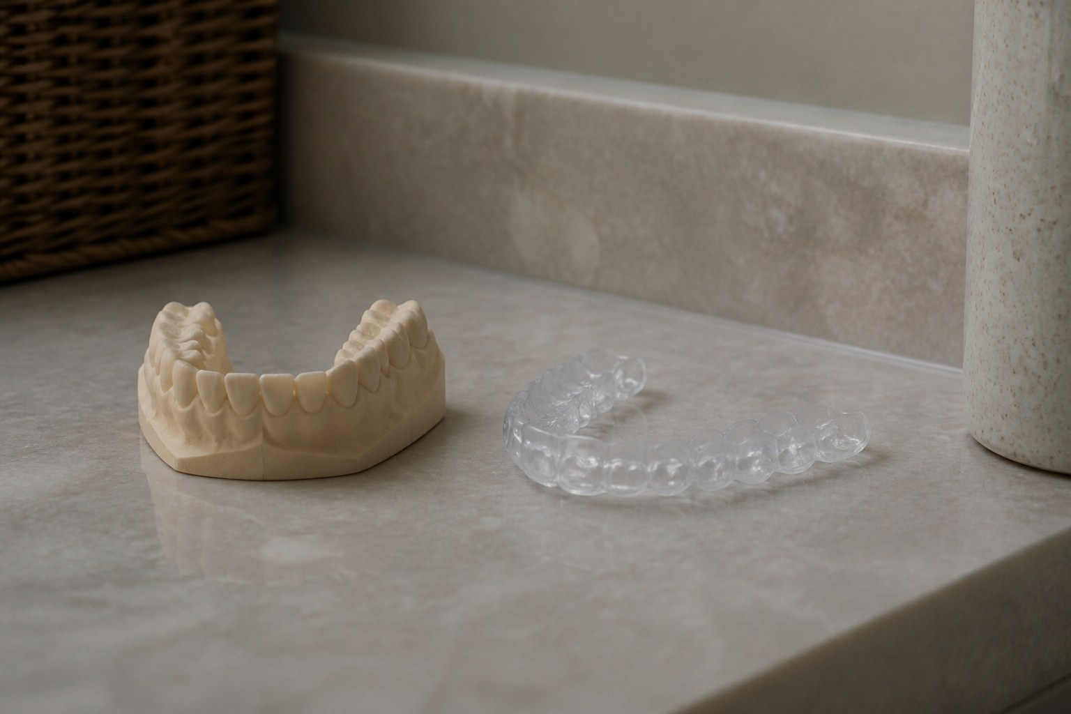 Dental crown model next to a clear nightguard on a bathroom countertop