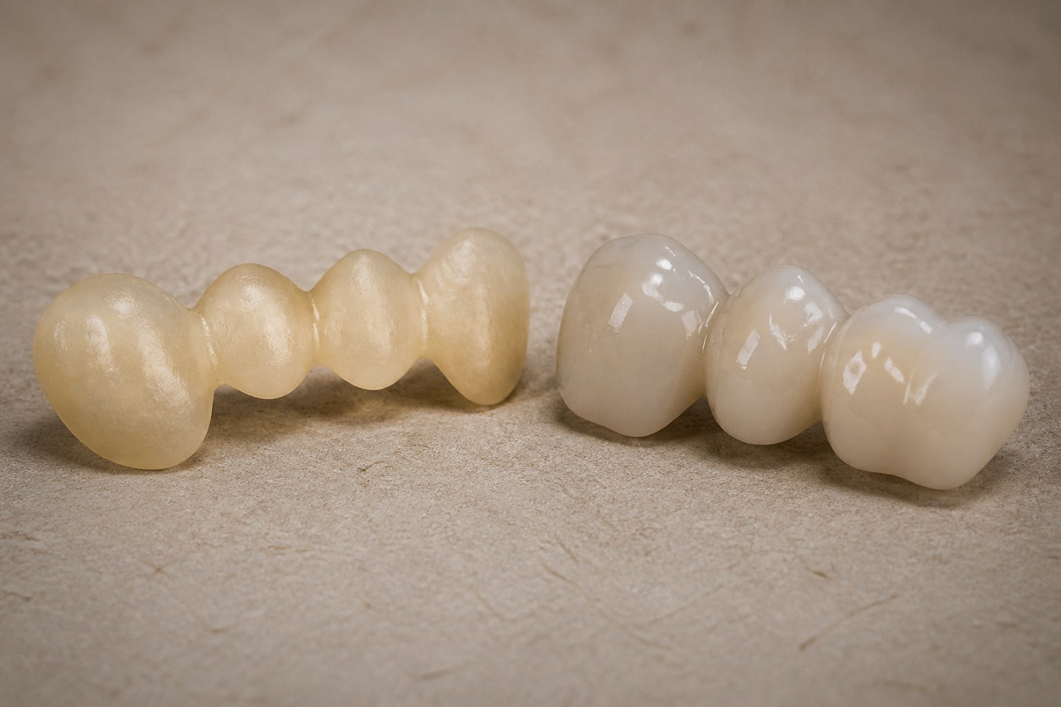 Temporary dental bridge model next to a permanent porcelain bridge model on a neutral surface
