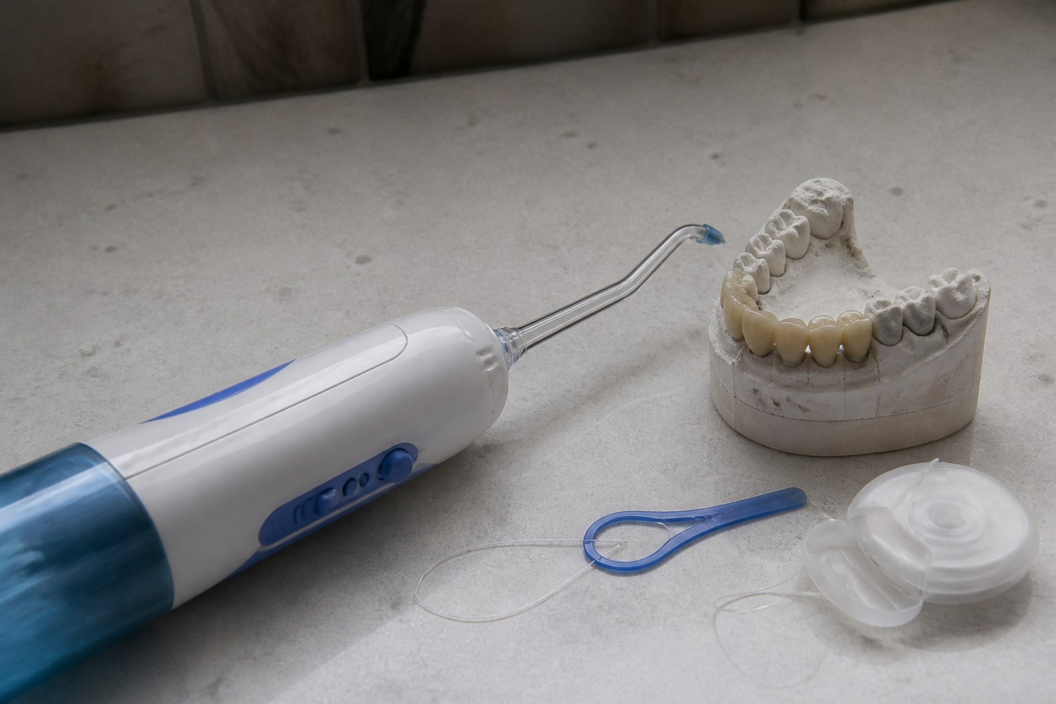 Water flosser and floss threader next to a dental bridge model