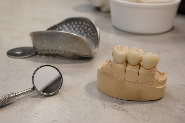 Dental bridge model beside a dental mirror and an impression tray