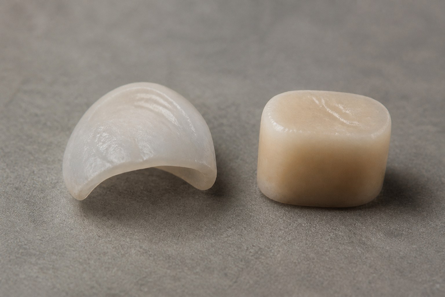 Porcelain veneer shell and composite resin sample compared side by side on a neutral surface