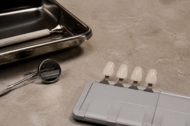 Set of porcelain veneer shells on a dental shade guide next to a dental mirror