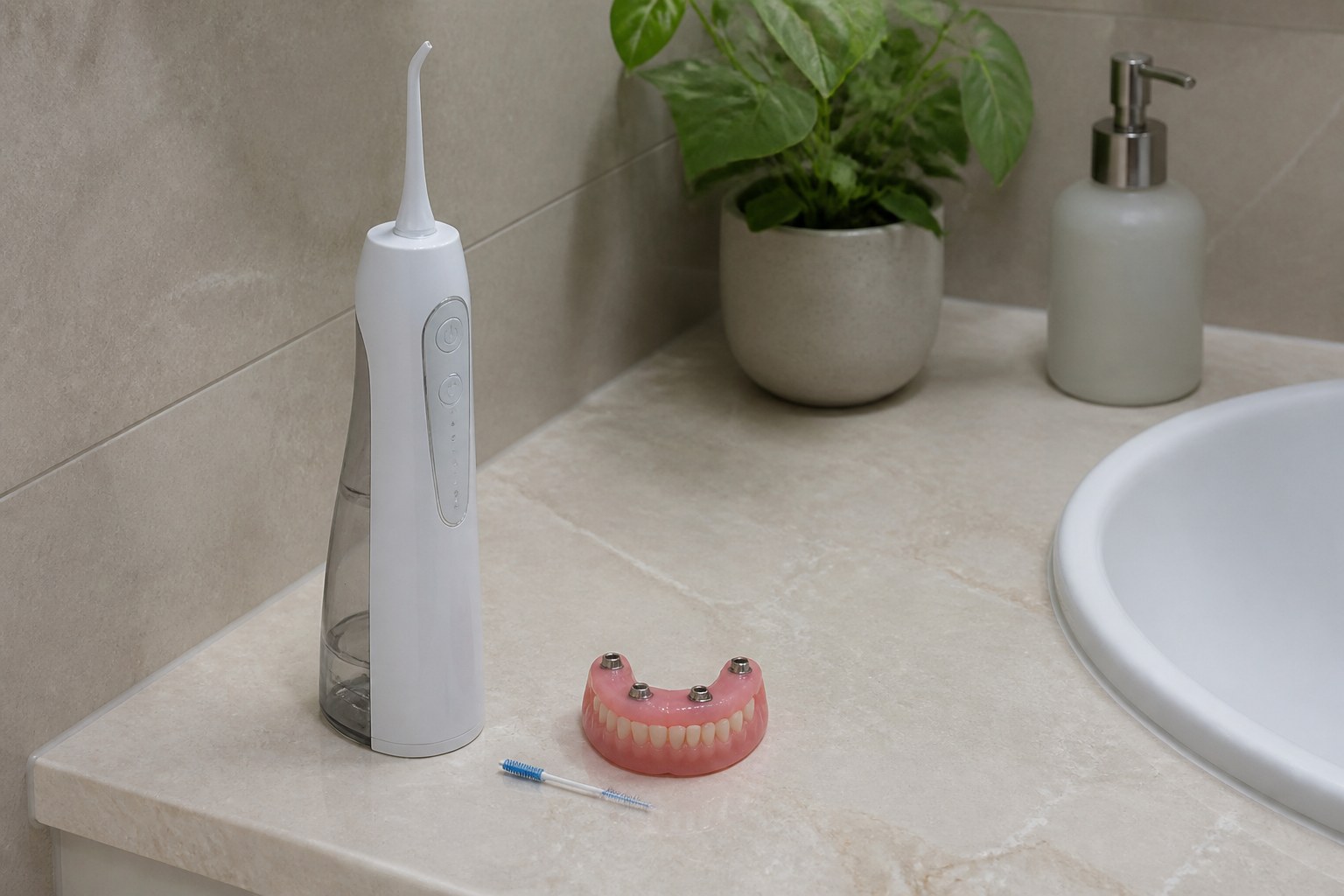 Water flosser and interdental brush near an implant-supported denture model